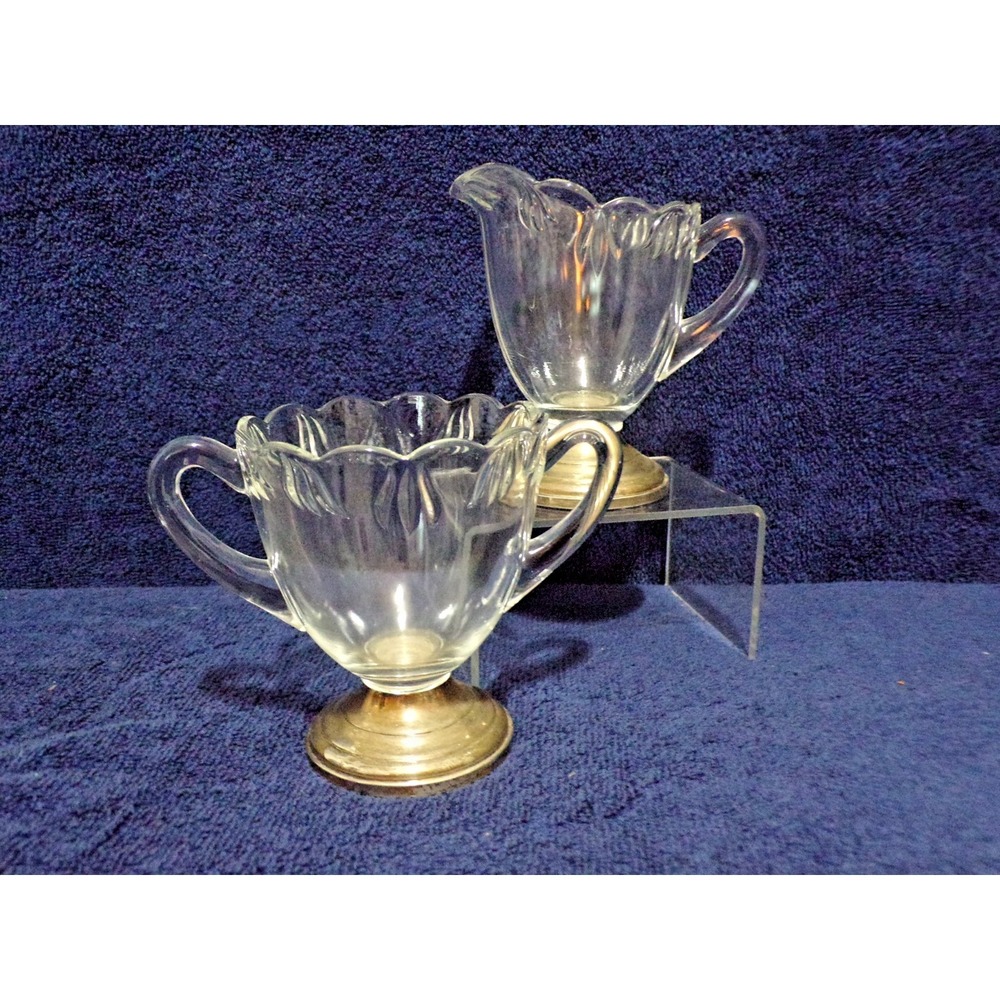 Vintage‎ Fina Crystal Creamer & Sugar Bowl Set Scalloped Top Silver Base
